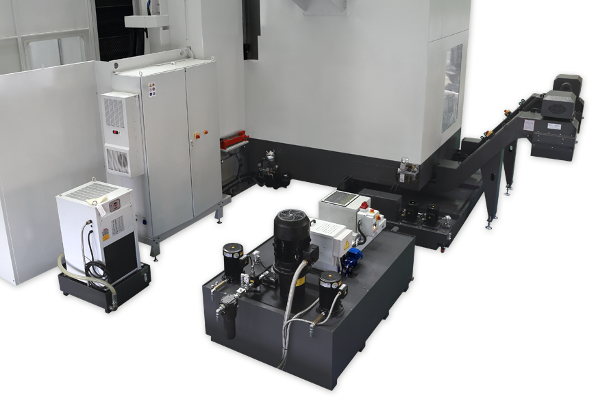 Verschiedene Kühl- und Spänefördersysteme im stabilen Metallgehäuse als Option lieferbar.